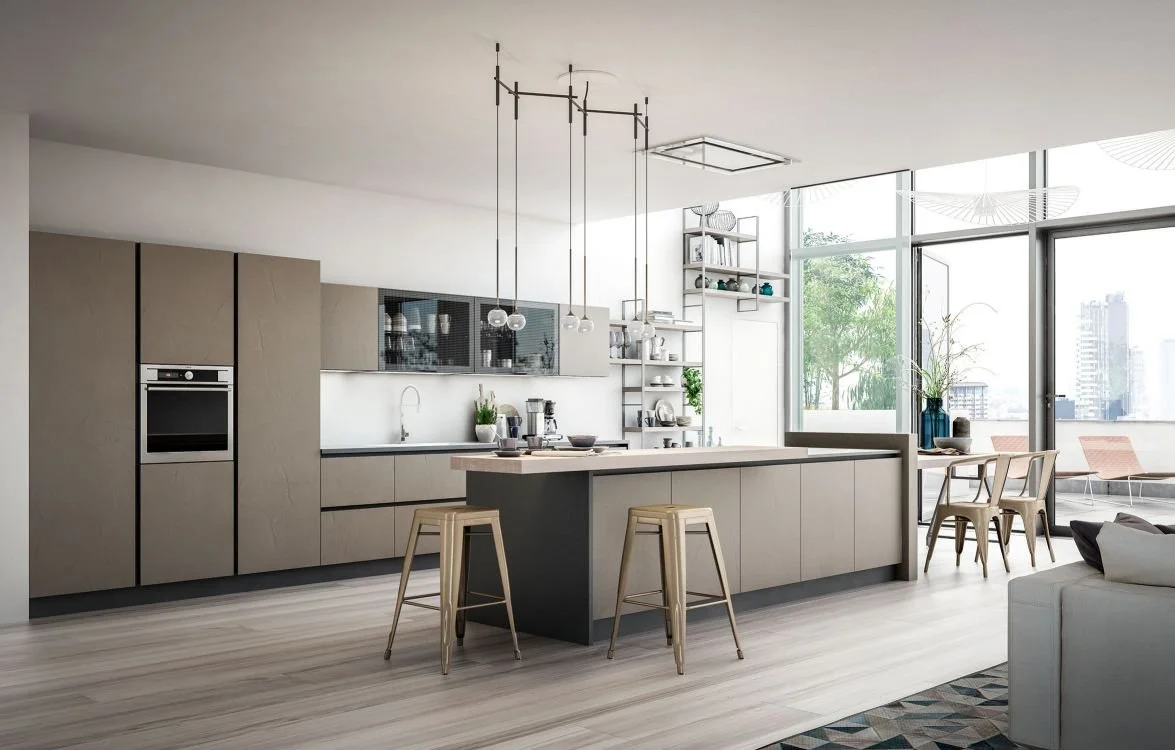 Modern open-plan kitchen and living space with beige cabinets, a kitchen island, bar stools, and floor-to-ceiling windows revealing a city view.