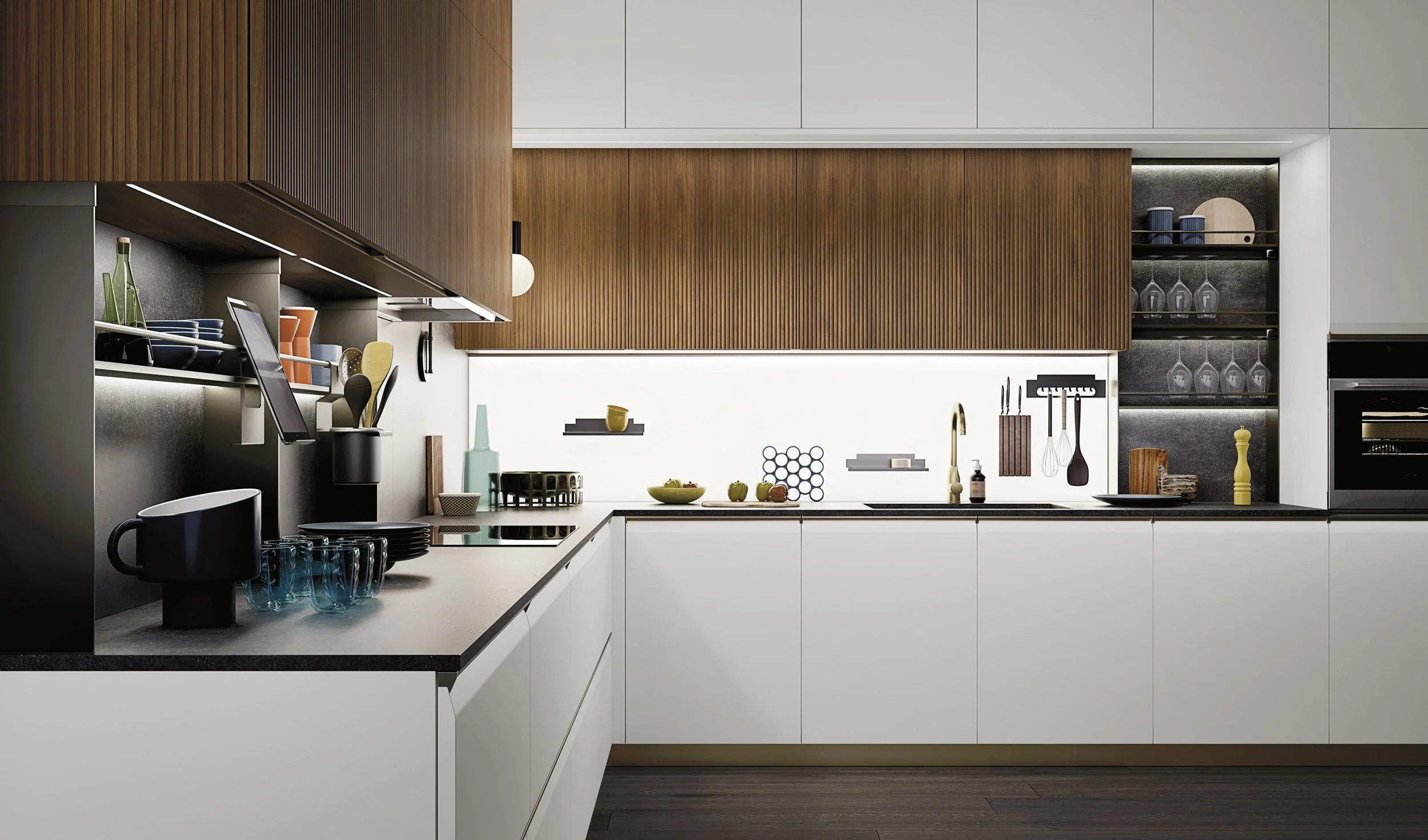 Modern kitchen with white cabinets, black countertops, wooden upper cabinets, and open shelves with dishes and glasses. Contains utensils, a sink with a gold faucet, and various kitchen decor.