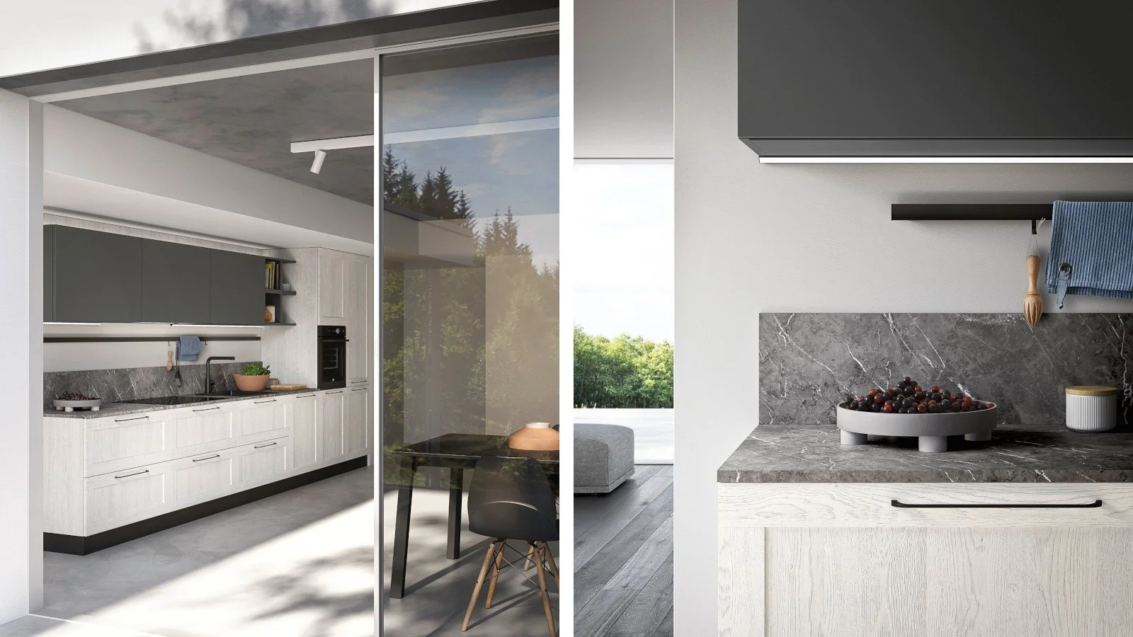 Modern kitchen with white cabinets and dark countertops, view through glass wall showing dining area and outdoor scenery with trees.