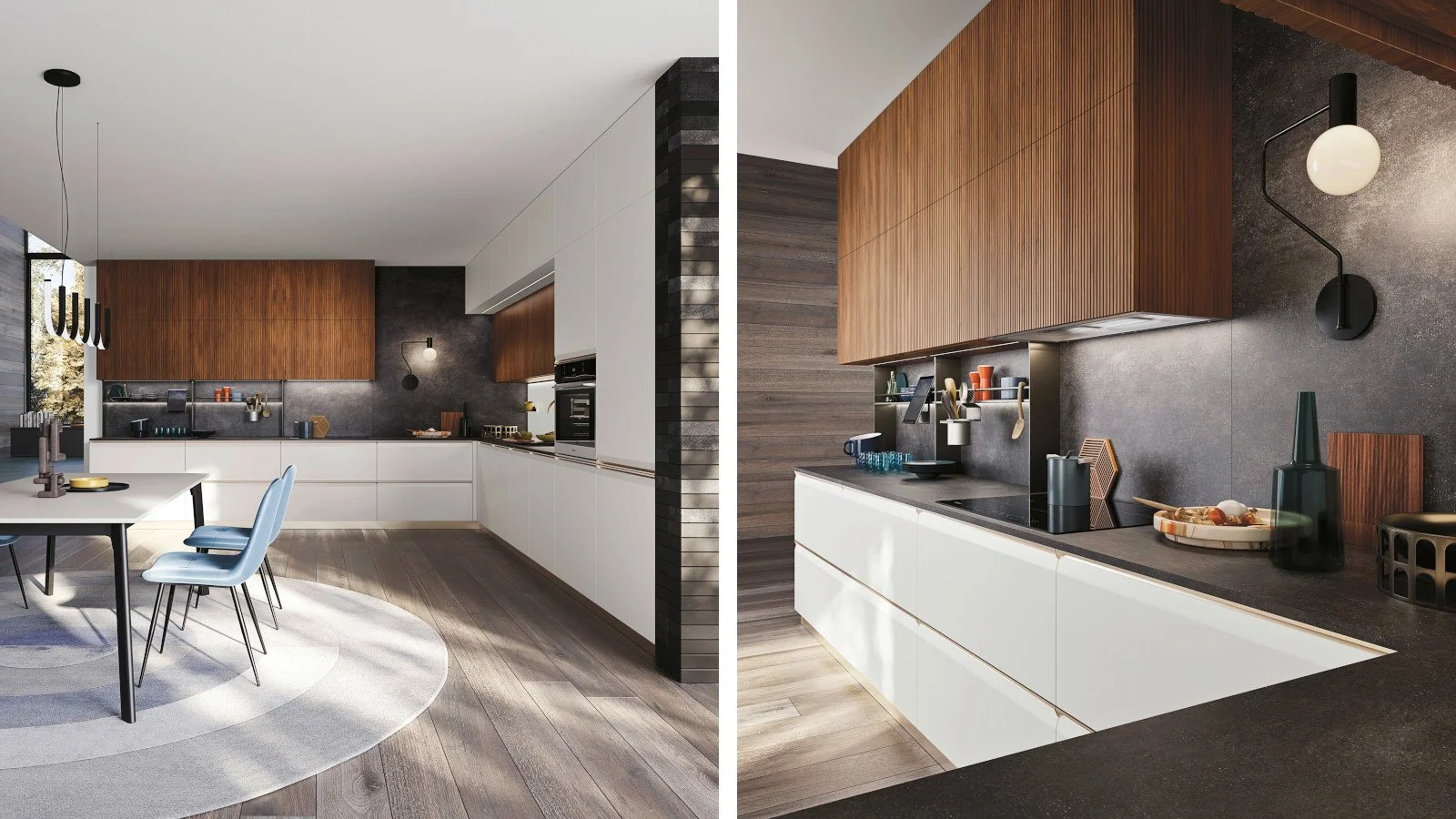 A modern kitchen with white cabinets, wooden upper cabinets, gray backsplash, and black accents, visible from two angles, with a table and light blue chairs nearby.