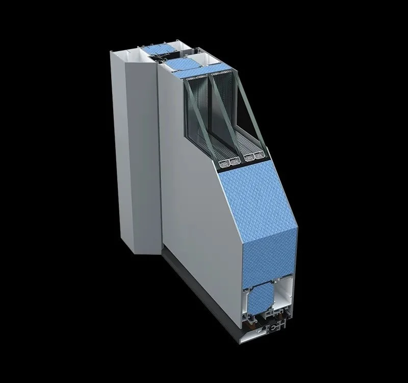A large industrial cooling tower with a metallic blue exterior and glass windows, designed for cooling water.