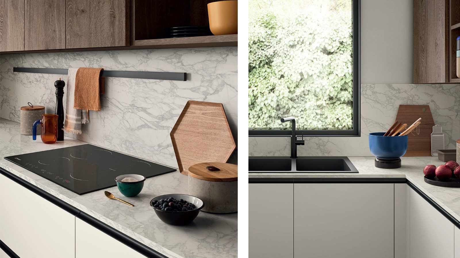 A modern kitchen with a marble countertop, black induction cooktop, and various kitchen items including bowls of blueberries and a cutting board. There is a window above the sink showing greenery outside.