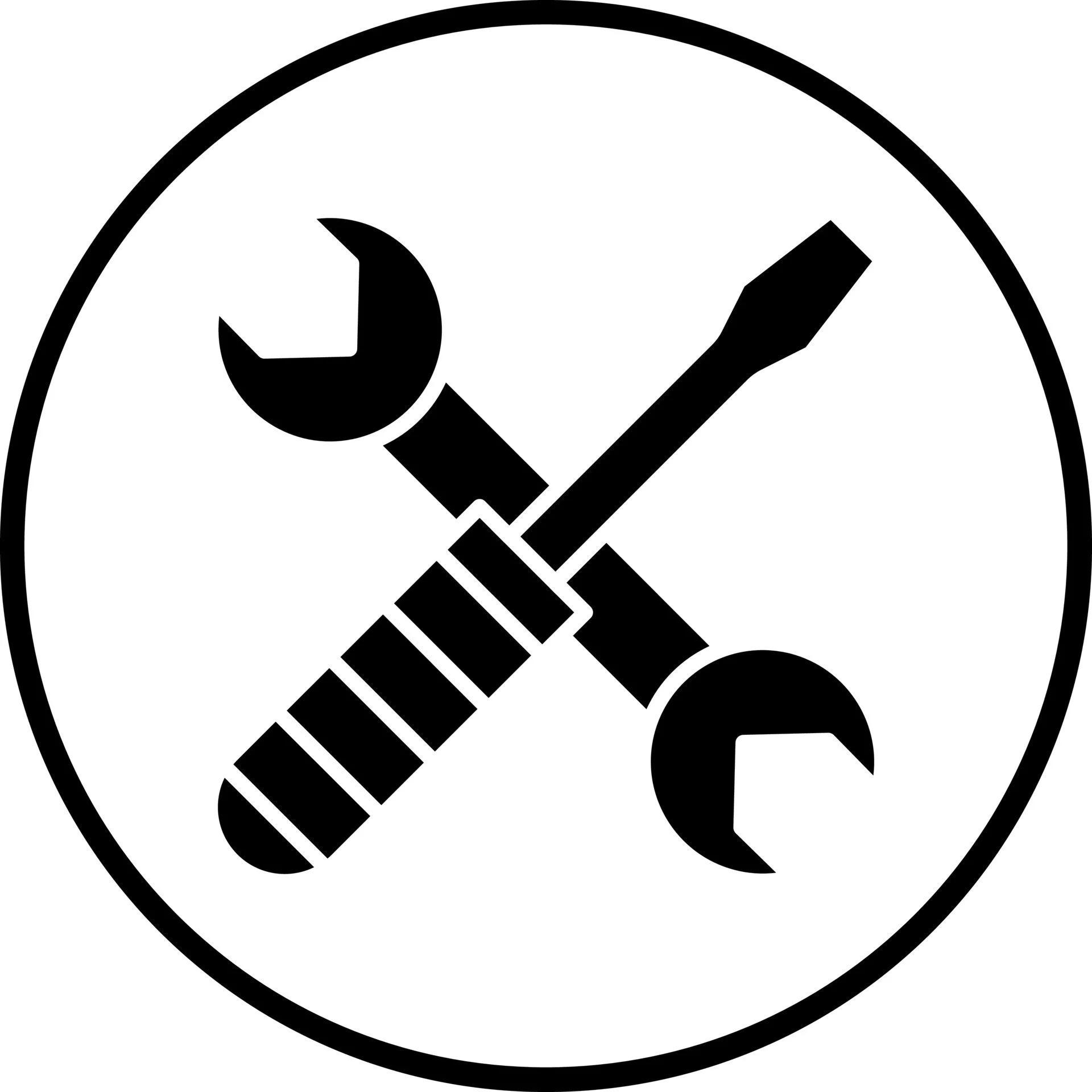 Icon of a screwdriver and wrench crossing each other, enclosed in a circle, representing tools or repair services.