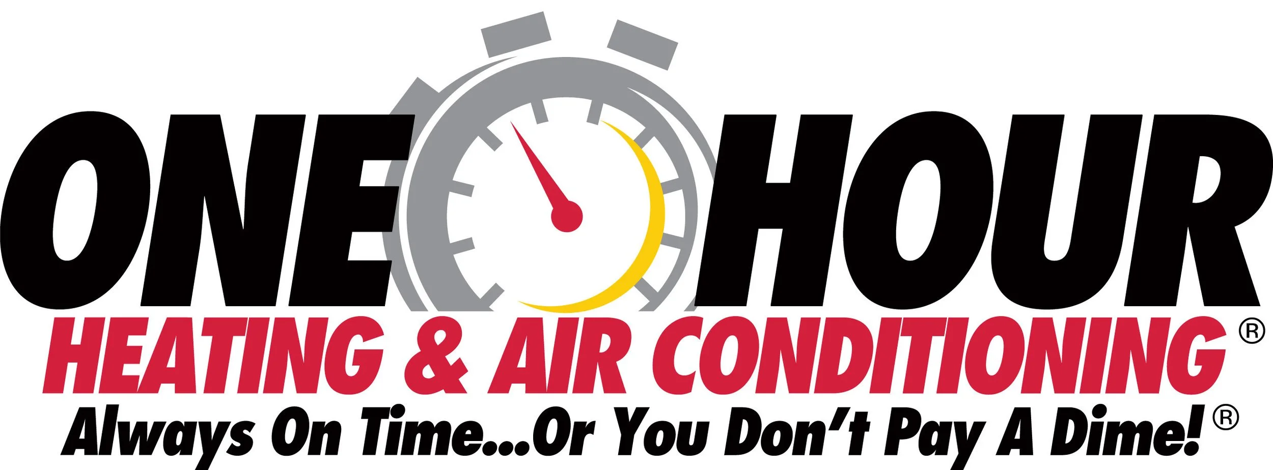 Logo for One Hour Heating & Air Conditioning with a stopwatch illustration, and the slogan 'Always On Time...Or You Don't Pay A Dime!'