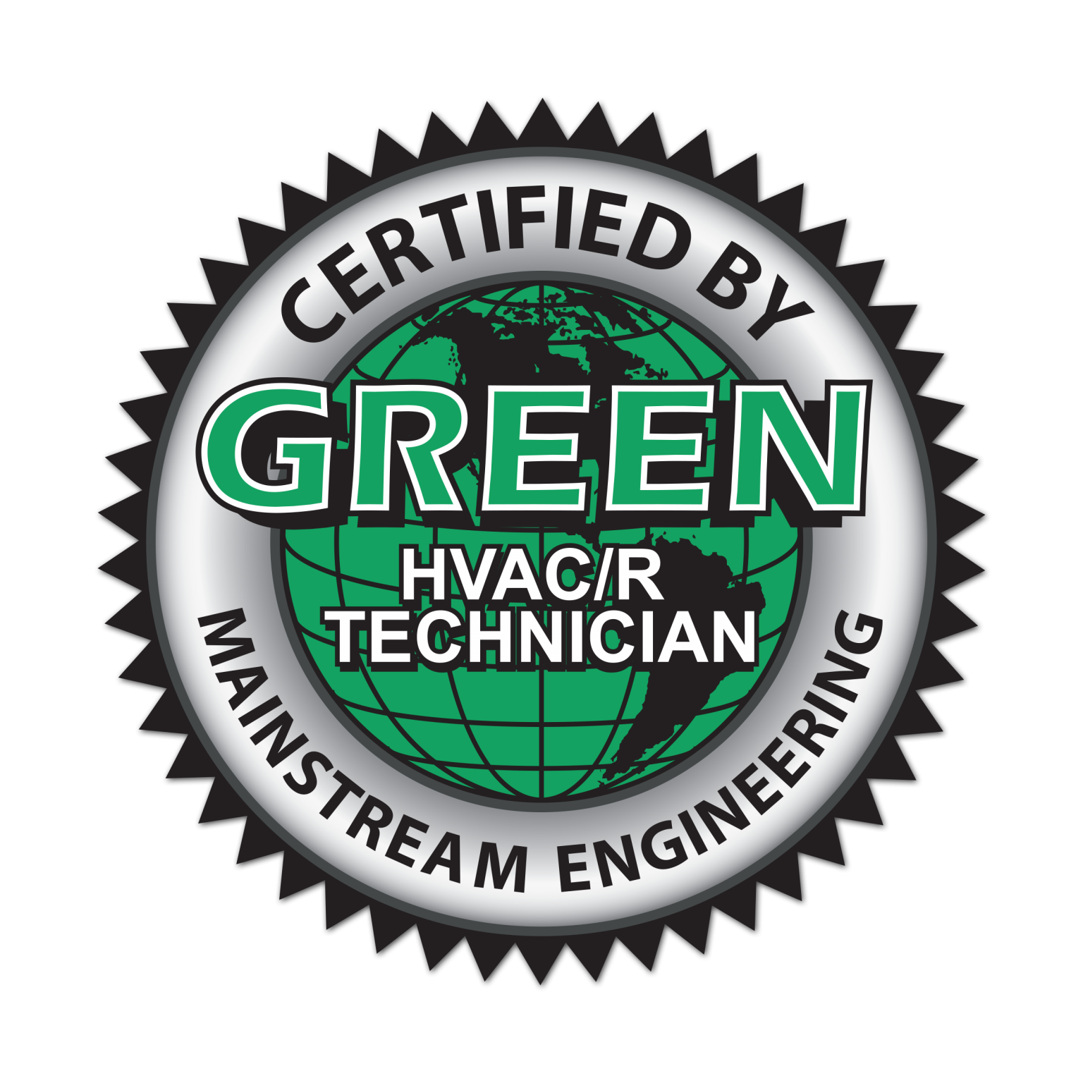 Green HVAC technician certification badge with globe design, circular black and white border, and text indicating certification by Green Manstream Engineering.