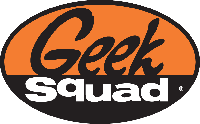 Logo with the text "Geek Squad" in black, stylized font inside an oval shape with orange on top half and black on bottom half.