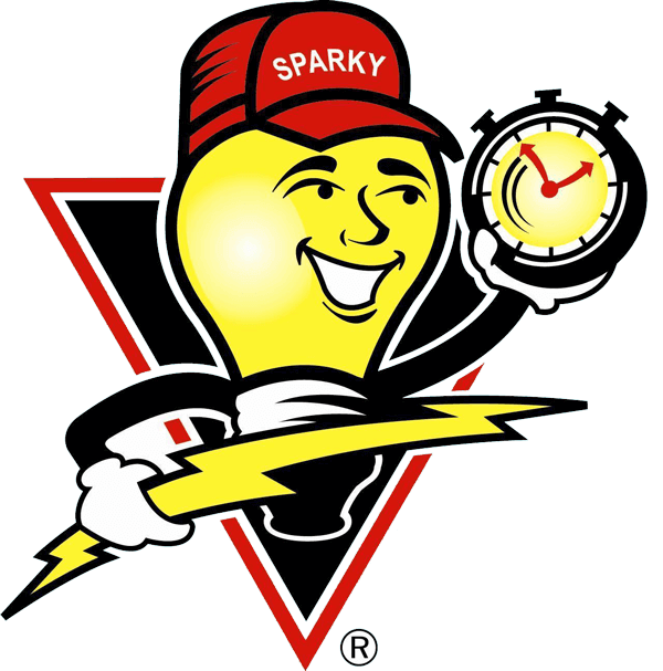Logo featuring a smiling yellow light bulb character wearing a red cap labeled 'SPARKY,' holding a lightning bolt, with a stopwatch displaying a red arrow indicating time, all inside a black triangle outline.