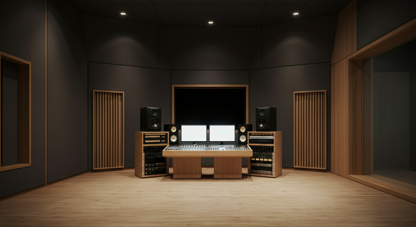 Professional recording studio with soundproof walls, mixing console, two monitors, and speakers.