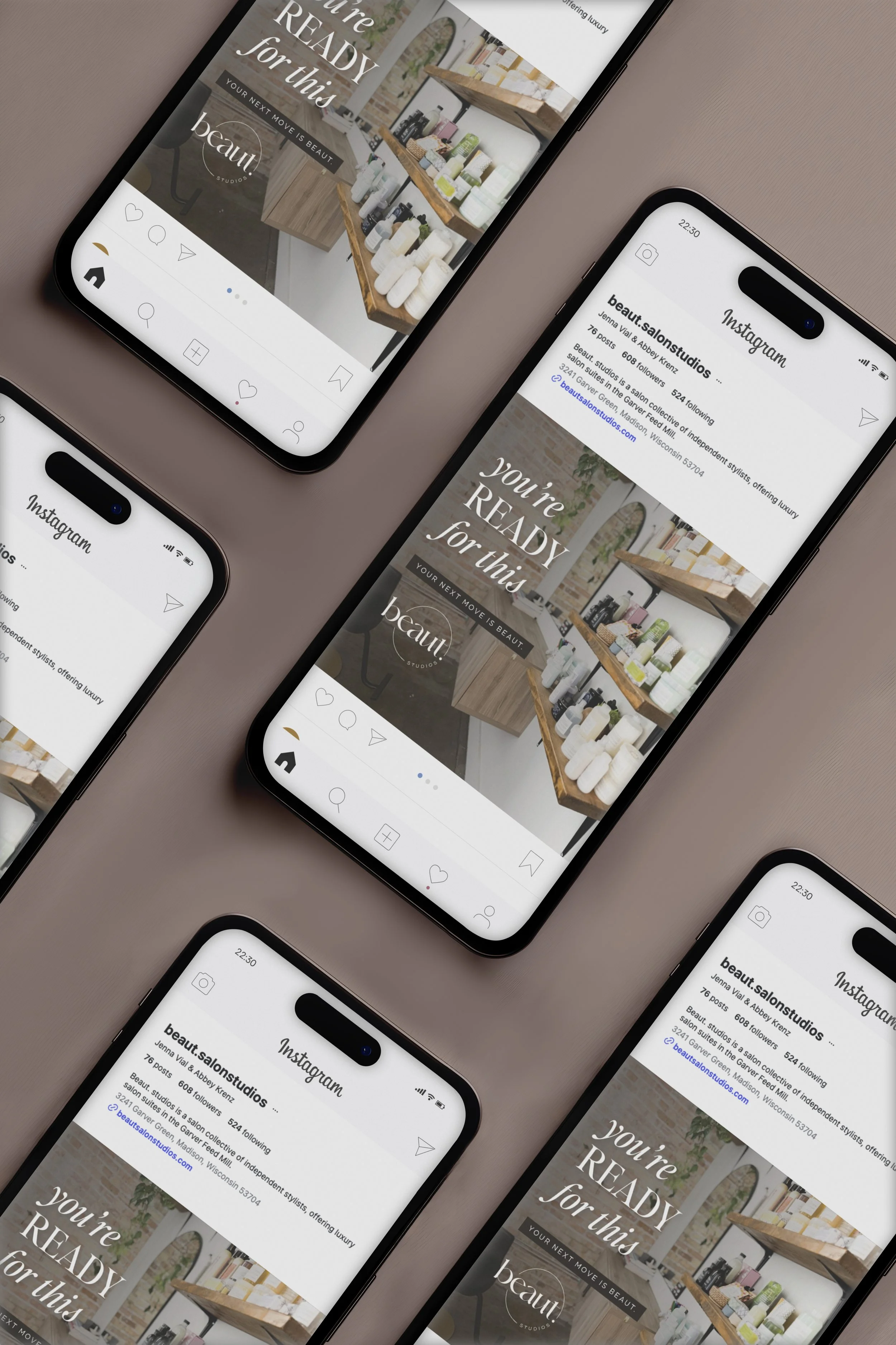 Multiple smartphones displaying an Instagram profile of a salon called beaut.salonstudios. The profile features a promotional image with the text "you're READY for this" and shows shelves of beauty products.