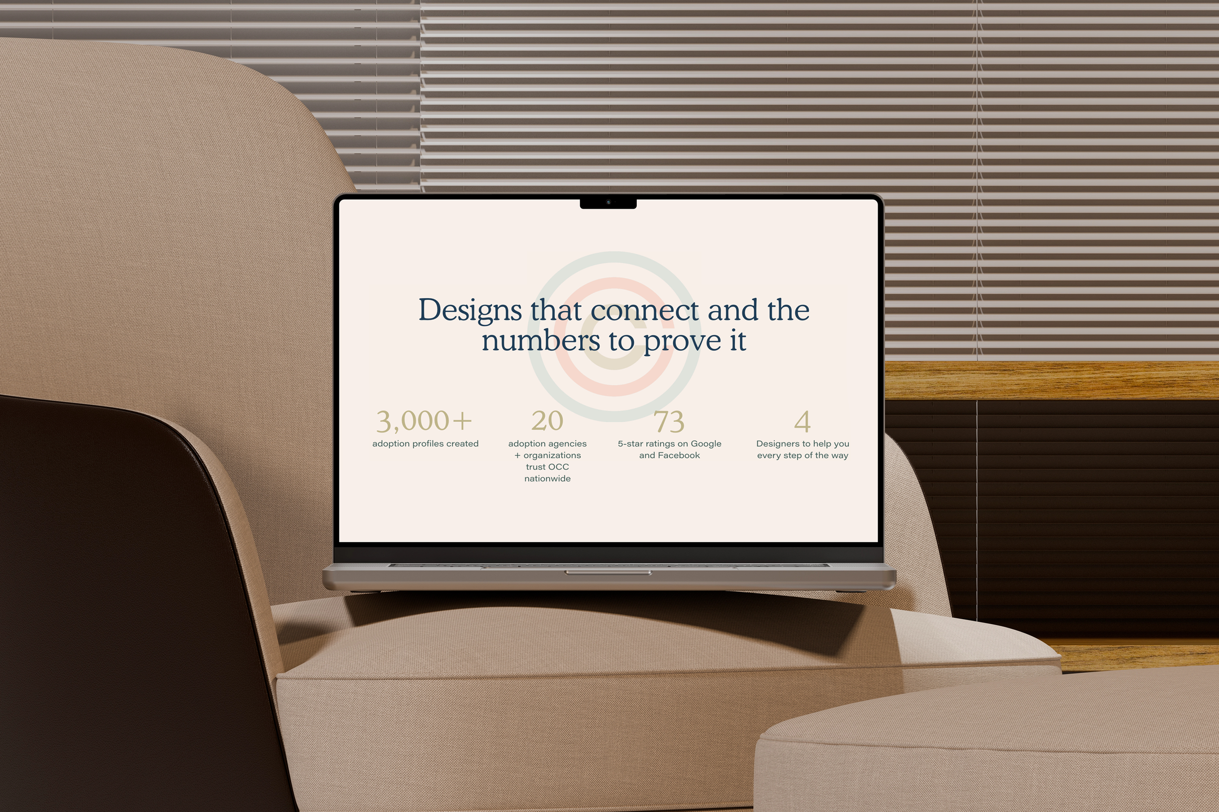 Open laptop on beige sofa displaying a presentation slide about connecting designs and proof of numbers, with statistics like adoption profiles, agencies, ratings, and team support, in front of window blinds.
