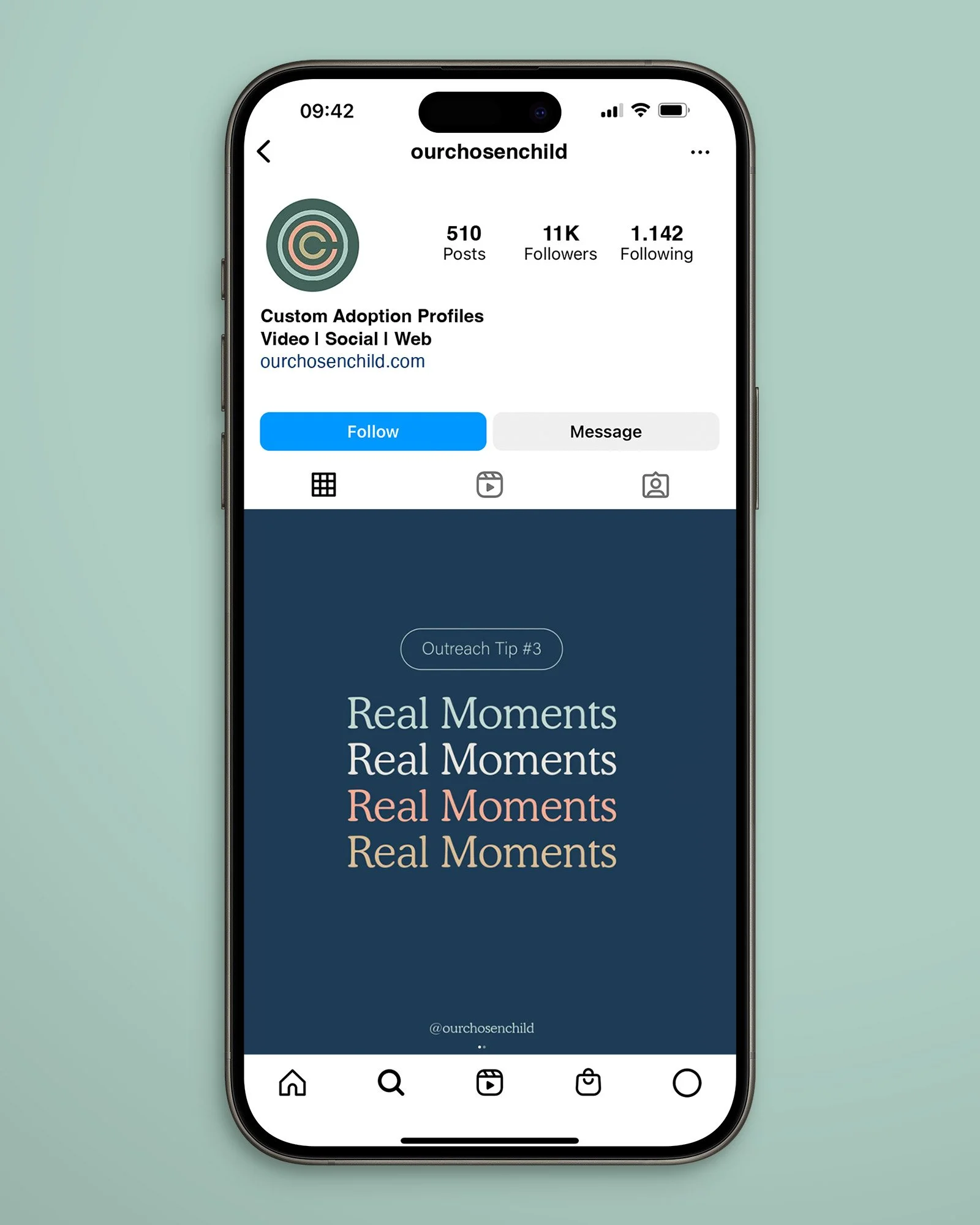 Instagram profile page for 'ourchosenchild,' displaying a post titled 'Outreach Tip #3' with the phrase 'Real Moments' repeated four times in different colors and fonts.