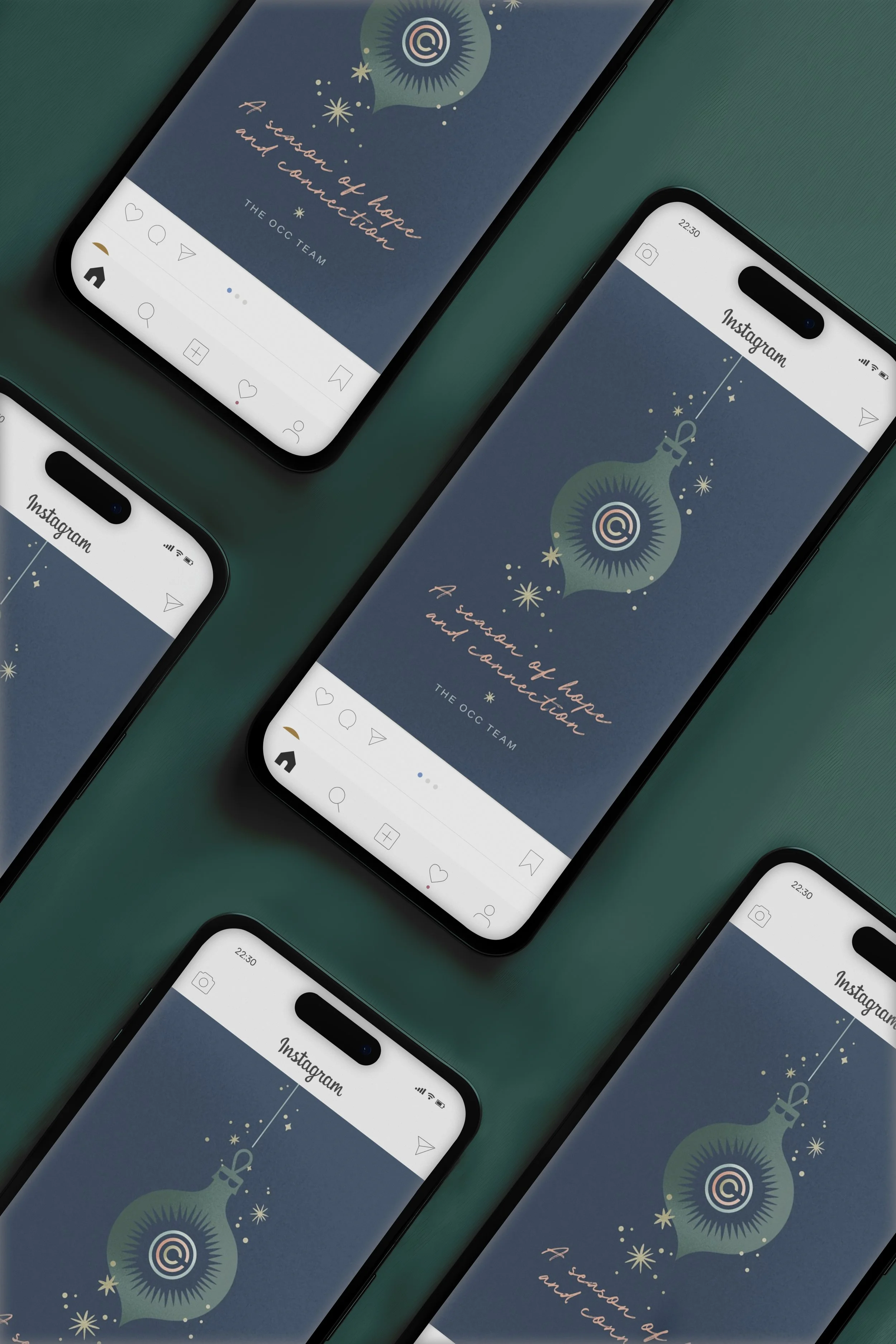 Multiple smartphones displaying a graphic with a holiday ornament and the text 'A season of hope and connection' on a dark teal background.