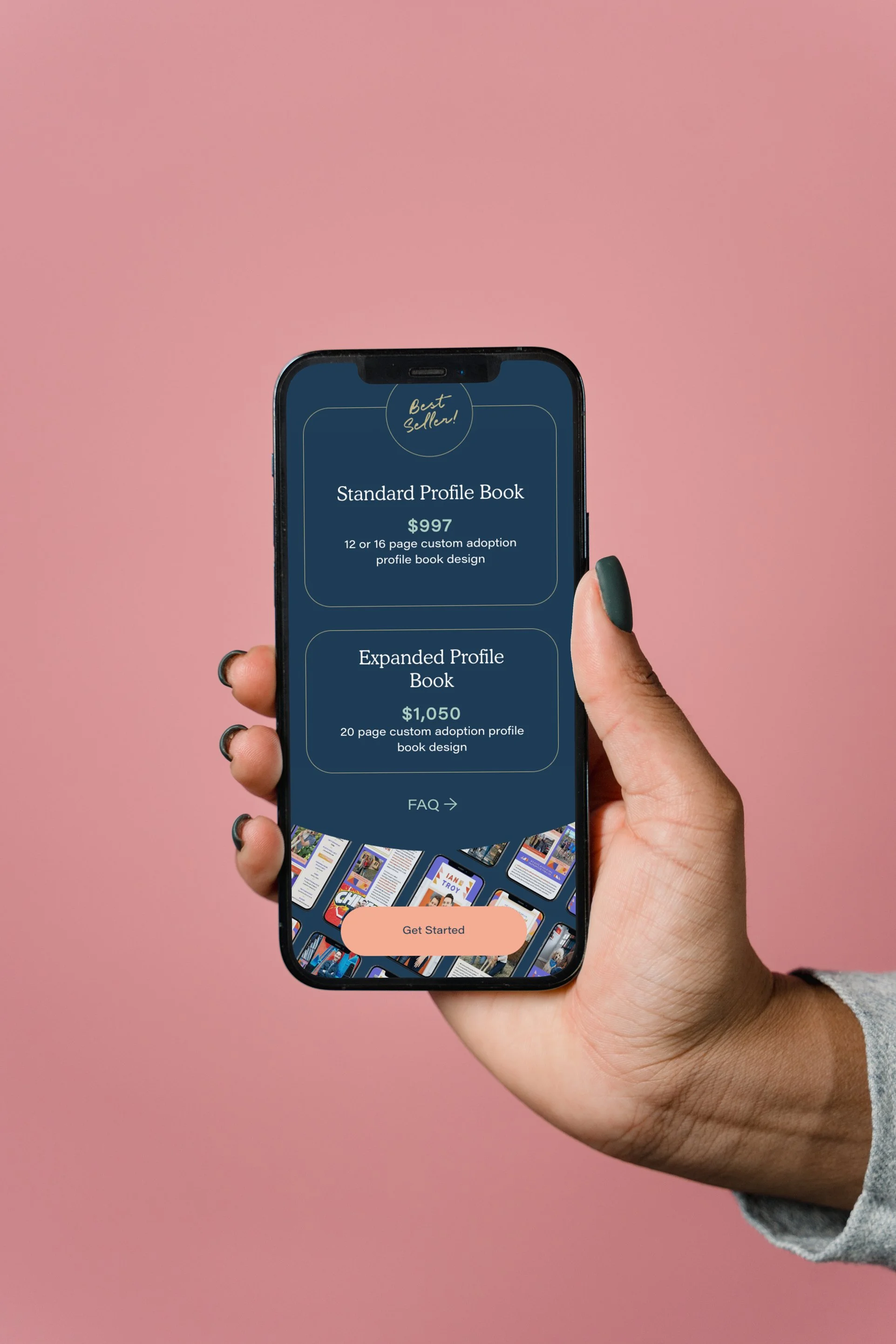 Person holding a smartphone displaying a pricing screen for profile book design services on a pink background.