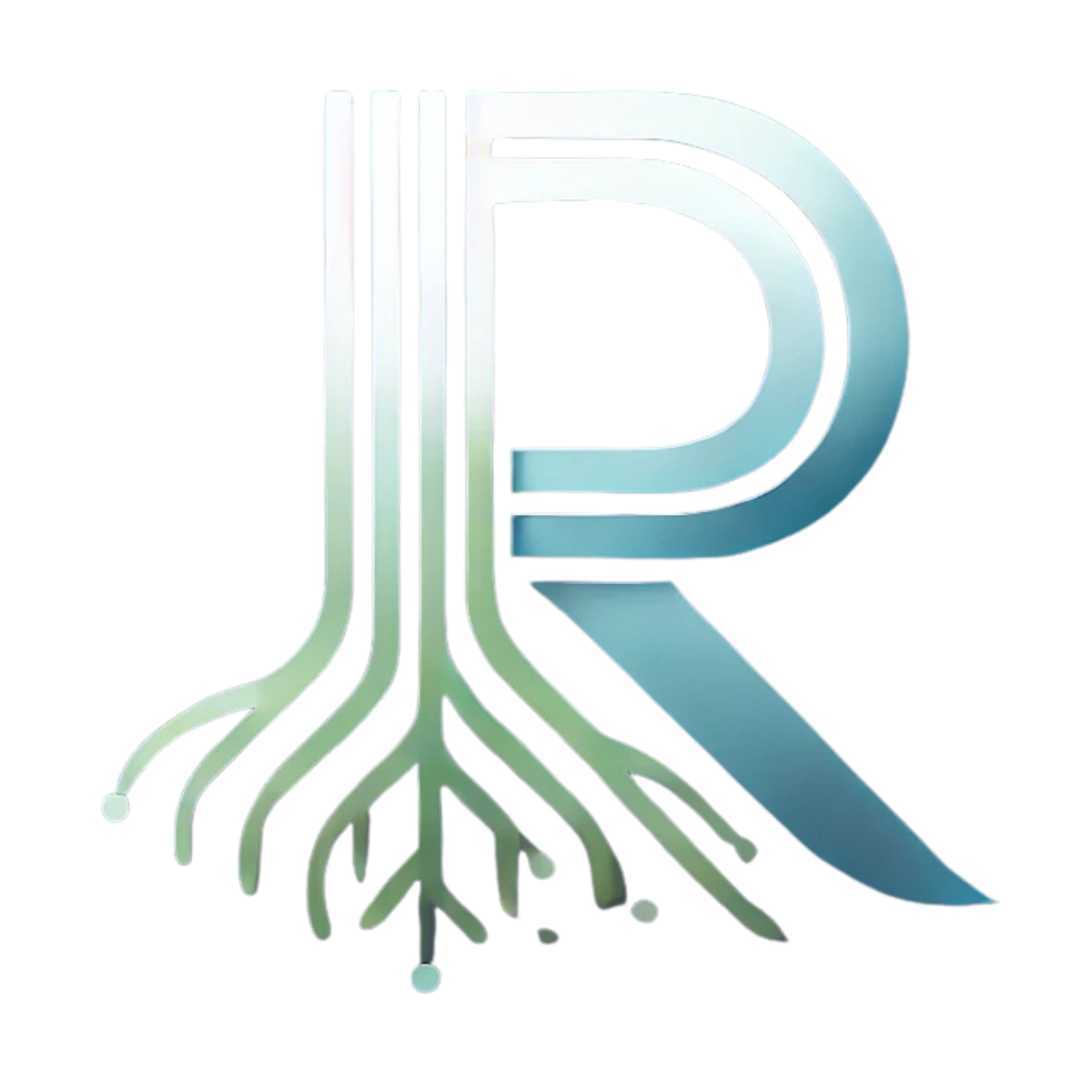 Silver 3D logo with a large letter R and a stylized tree with branches extending outward from the R.