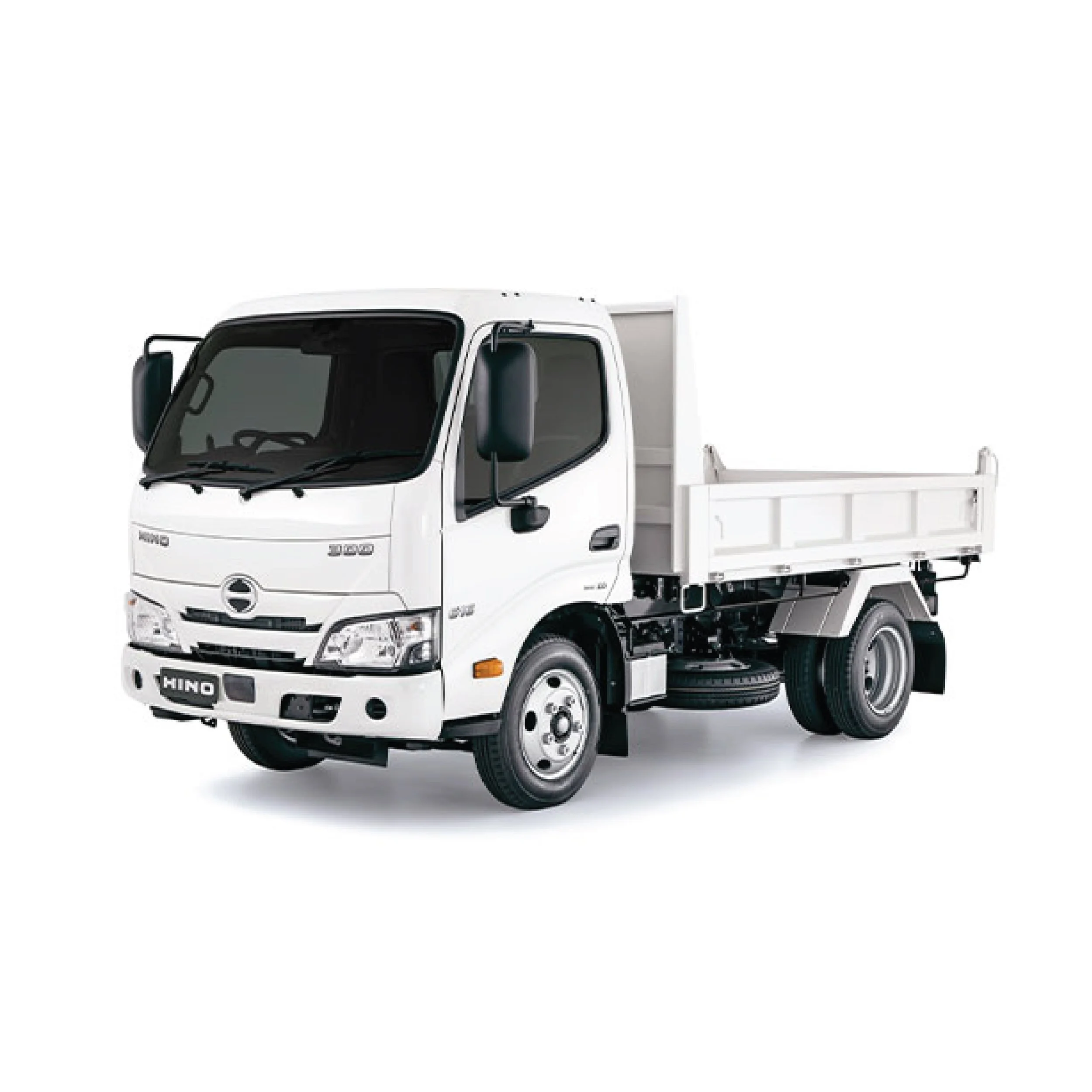 White flatbed truck with a cab and open cargo bed, isolated on white background.