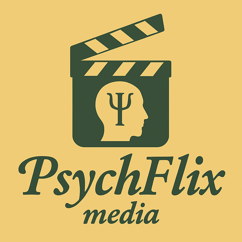 Logo of PsychFlix Media featuring a film clapperboard with a silhouette of a human head and psychology symbol.