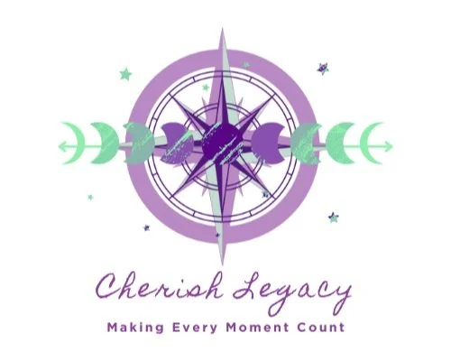 A purple and green compass with moon phases and stars surrounding it, with the text "Cherish Legacy" and "Making Every Moment Count" underneath.