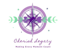 A purple compass with teal accents and stars, with the text 'Cherish Legacy' and 'Making Every Moment Count' in purple below.