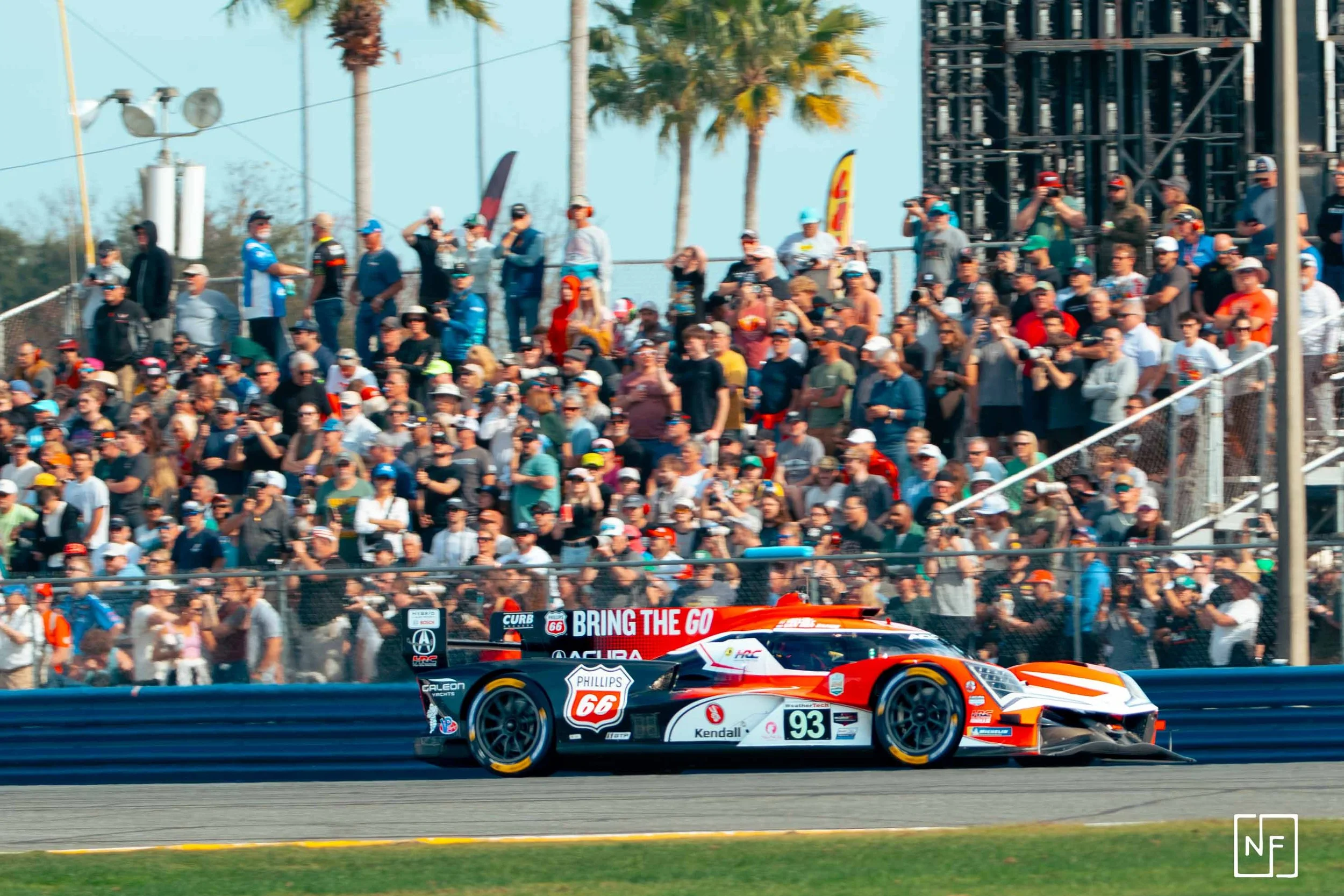 Race car speeding on a track with large crowd of spectators in the background, palm trees, and a blue sky.