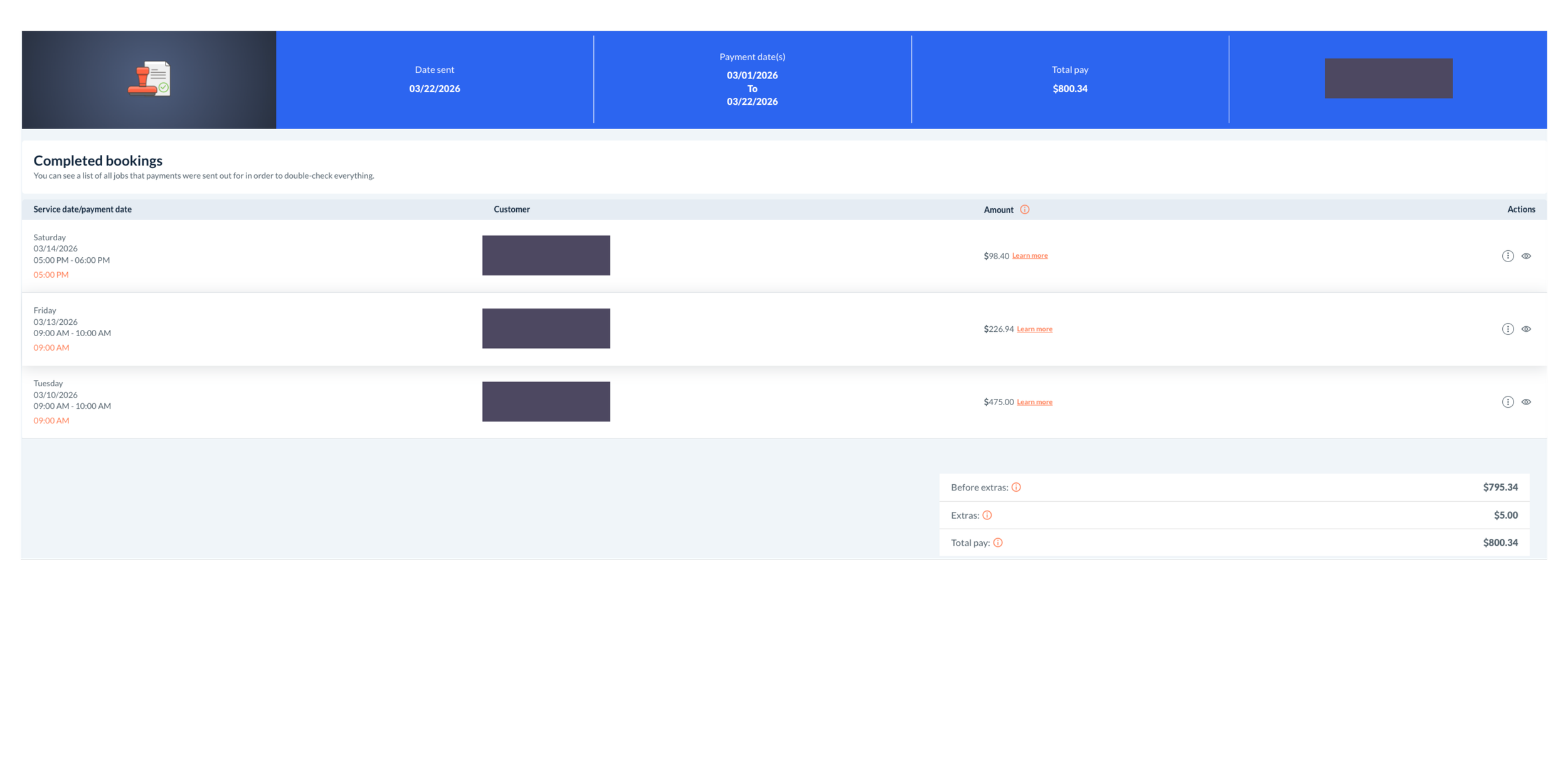 Screenshot of a real weekly earnings report of a TidyPig Cleaning contractor as an example of what a weeks worth of earnings can look like.