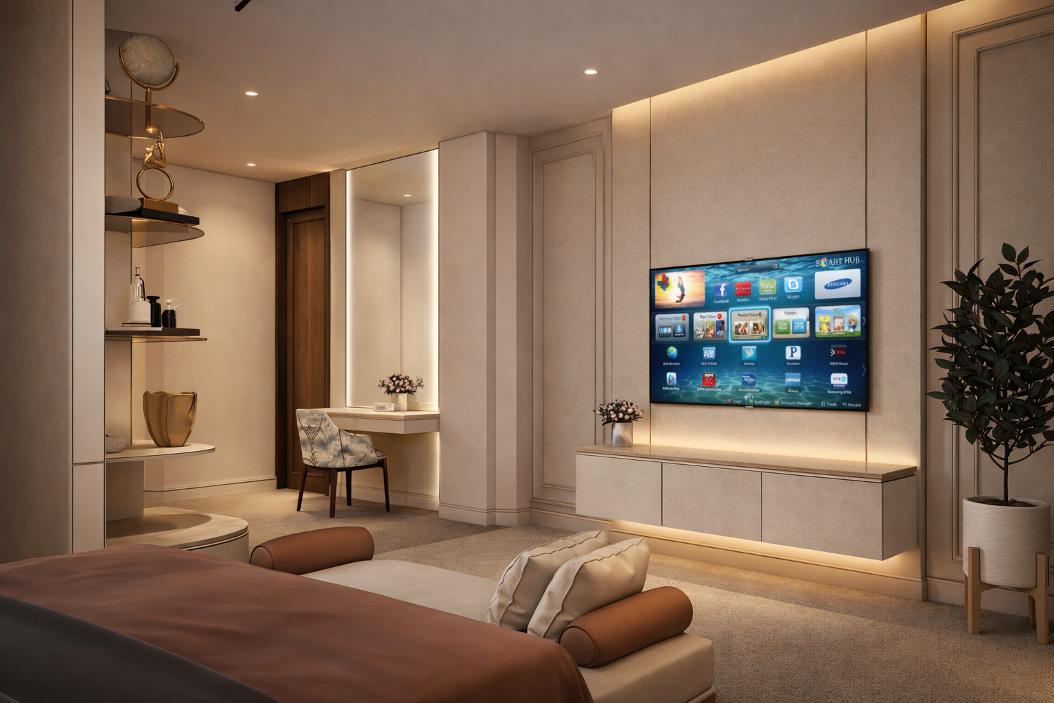 Modern elegant bedroom with vanity and TV.png