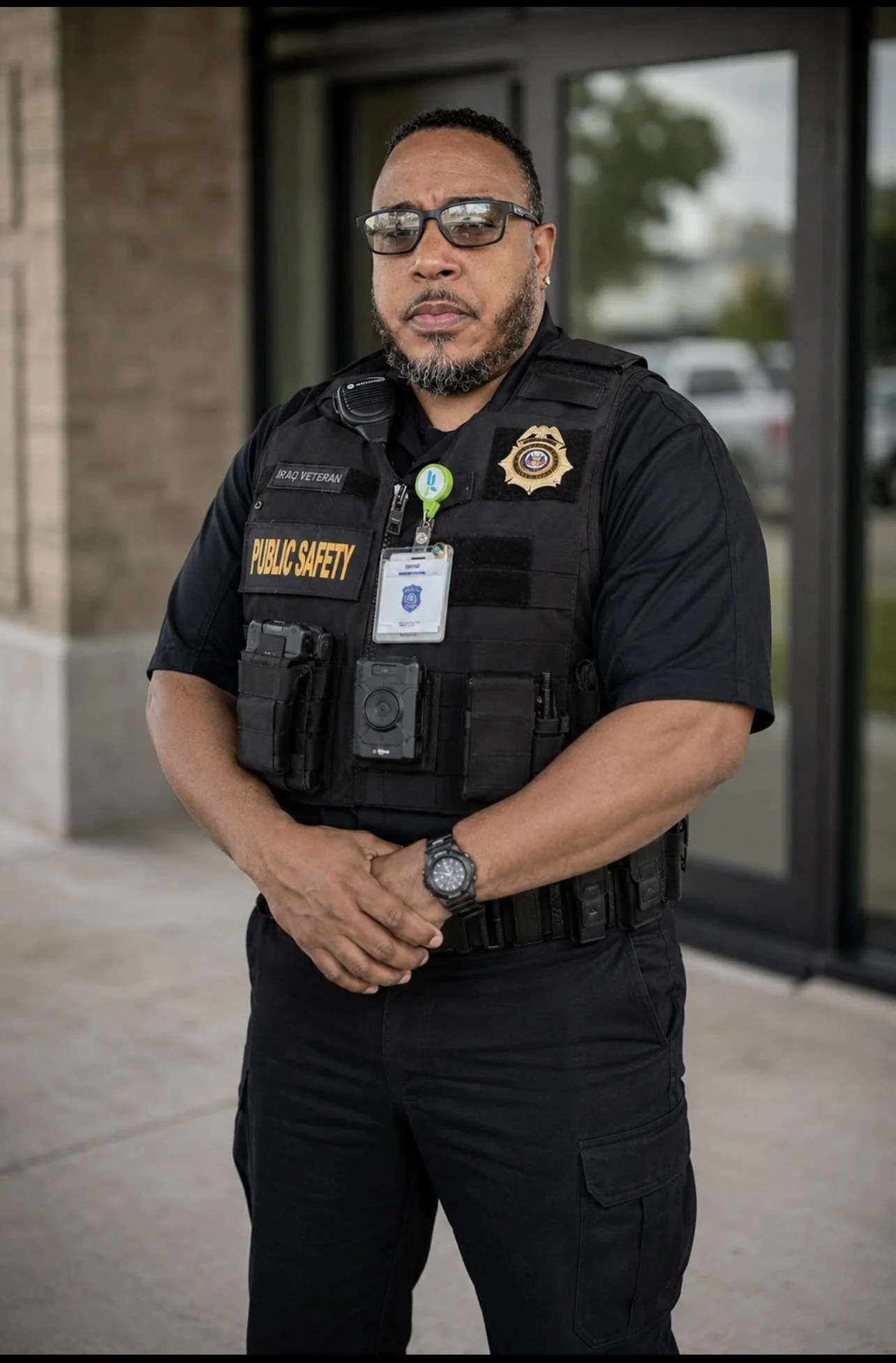 A police officer wearing sunglasses and a black uniform standing outside of a building with large windows, with a tree and parked cars in the background.