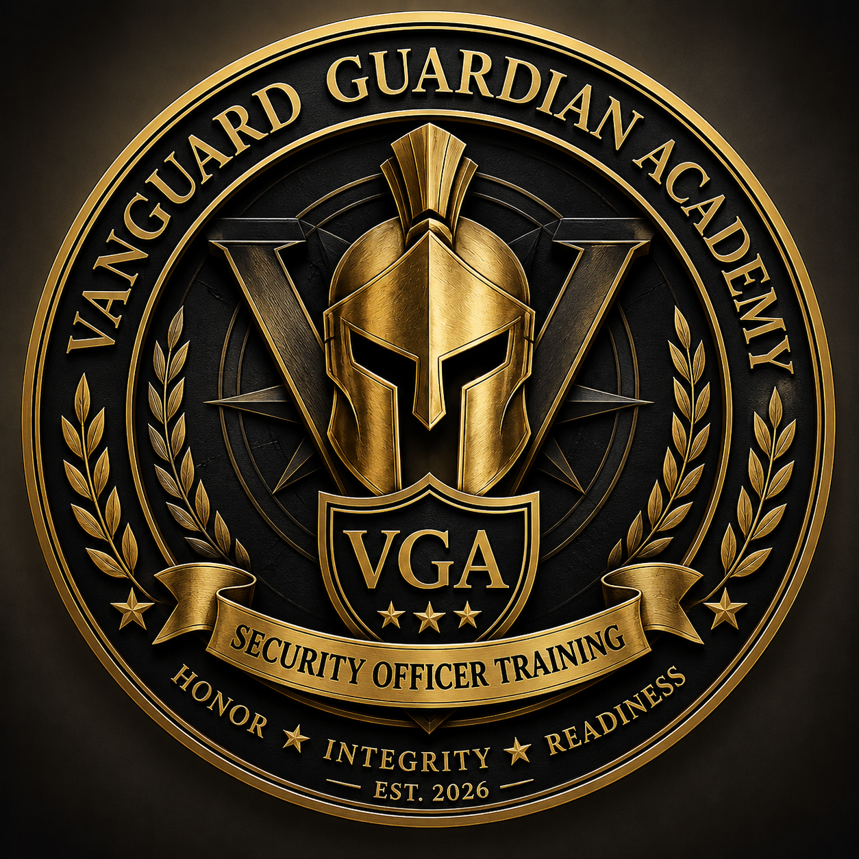 A circular emblem for the Vanguard Guardian Academy featuring a golden Spartan helmet in the center, a 'VGA' shield beneath, and a banner reading 'Security Officer Training.' Gold laurel branches surround the design, with text indicating honor, integrity, readiness, and the establishment year 2026.