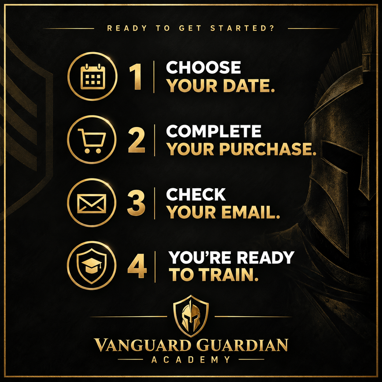 A dark poster with gold accents providing a four-step guide to preparing for a training program. It includes icons of a calendar, shopping cart, email, and shield with a graduation cap, alongside instructions to choose a date, complete the purchase, check email, and be ready for training. The poster features the title 'Vanguard Guardian Academy' with a shield and helmet logo.