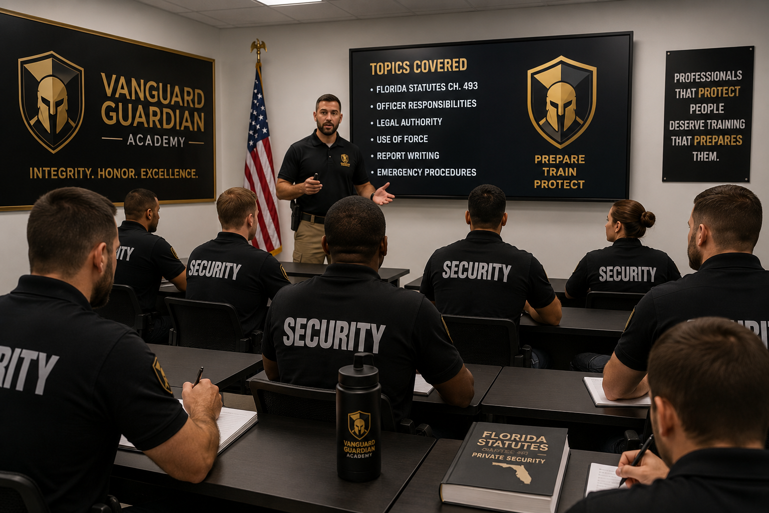 A security training class at Vanguard Guardian Academy with a male instructor standing in front of a screen and speaking to a group of security personnel in black uniforms.