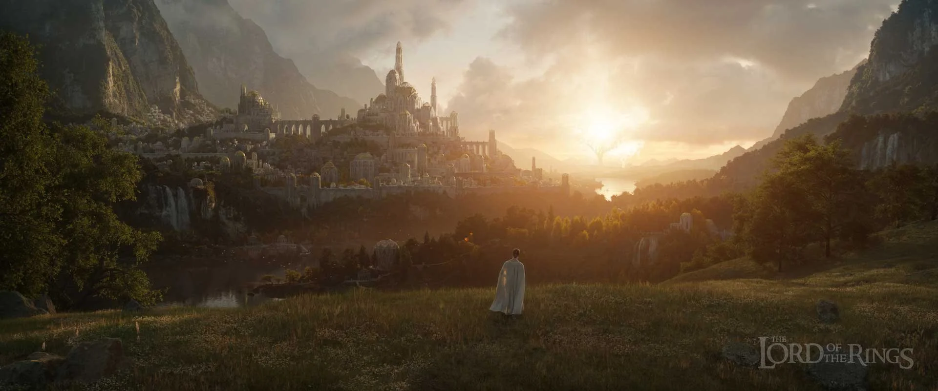 Fictional scene of a person in white robes walking through a grassy field toward a majestic, sprawling city built on a hillside, with castle-like towers and bridges amidst tall mountains at sunset or sunrise, with a large tree glowing with light in t
