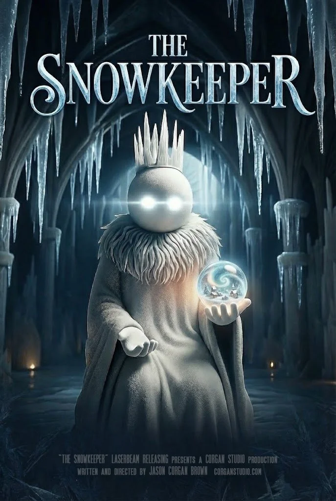 The Snowkeeper film poster. A snowman king holds a crystal ball with open palm in a frozen ice palace castle. 