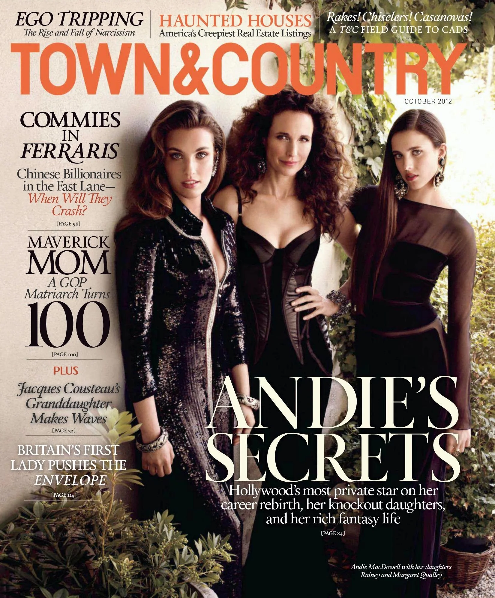 The cover of Town & Country magazine, October 2012 issue, featuring three women dressed in black evening gowns outdoors, with greenery in the background. The headline reads "Andie's Secrets," and various article teasers are listed on the cover.