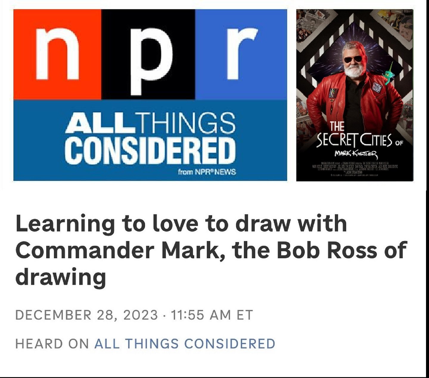 NPR All Things Considered logo with a picture of Mark Kister promoting his book The Secret Cities of Mark Kister. Directed by Jason Corgan Brown. 