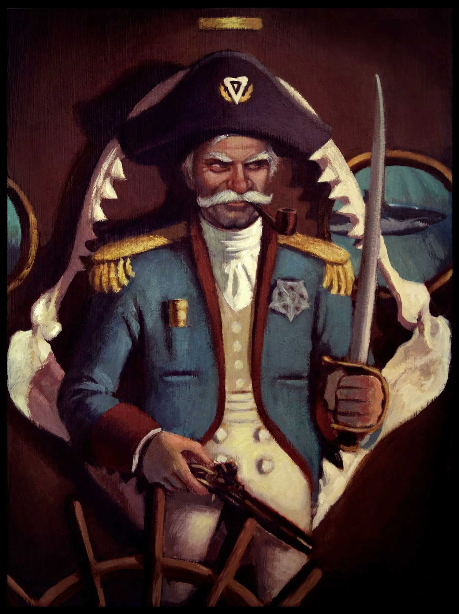 Painting of a confident military officer with a old-fashioned sword, smoking pipe, and a large hat with feathers, in a historical uniform with medals.