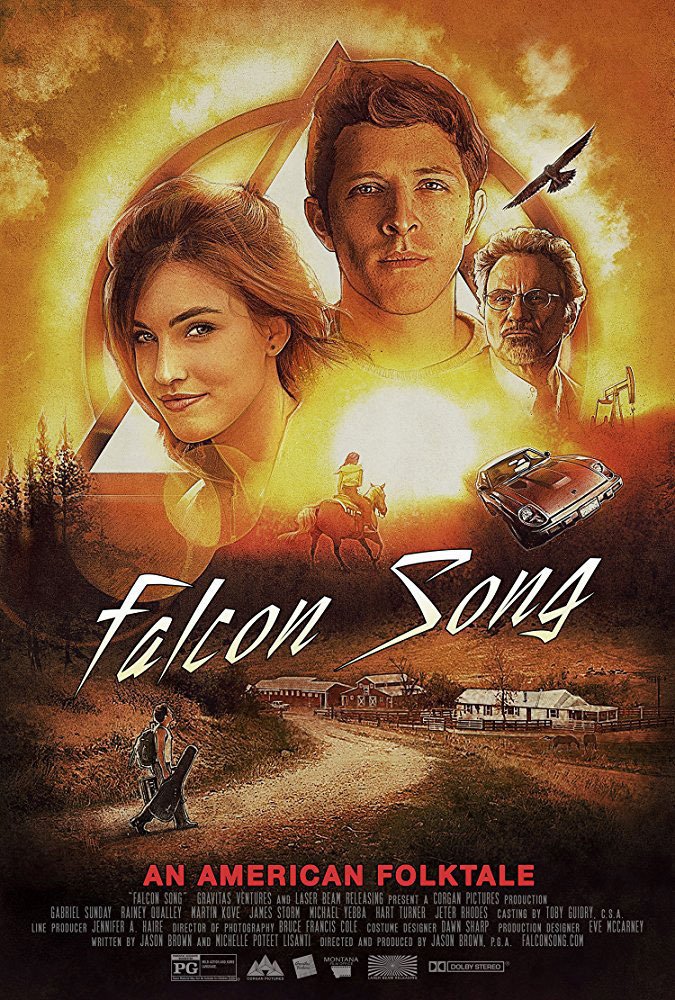 Promotional poster for the movie 'Falcon Song' featuring three main characters' portraits, a sunset scene with a person riding a horse, a vintage car, and a small town. The tagline reads 'An American Folktale'.