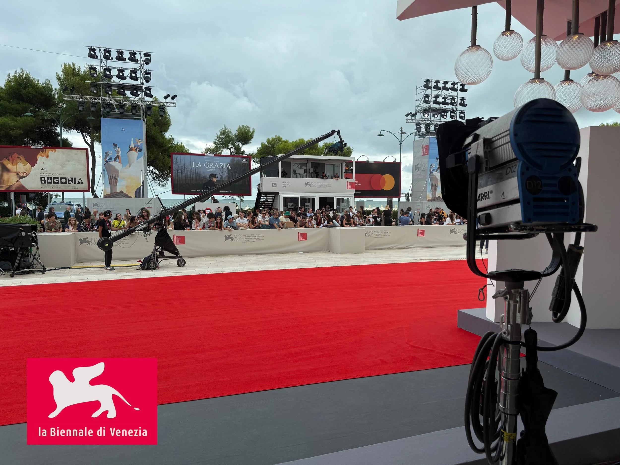 Red carpet at the Venice Film Festival / La Biennale  with a crowd of people gathered behind barriers, film posters on display, large media lights, and a camera in the foreground.