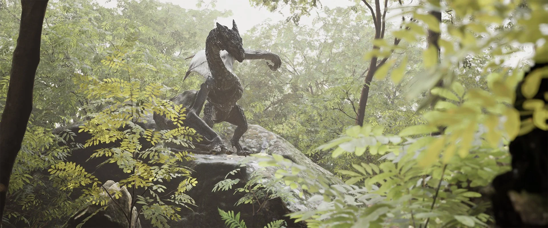 A dragon sculpture depicting a black, winged, serpentine creature in a foggy forest, surrounded by lush green foliage.