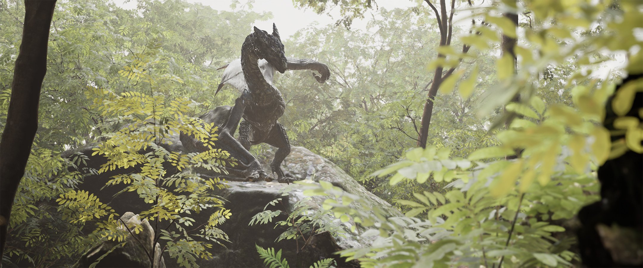 A bronze sculpture of a rhamphorhynchus, a type of pterosaur, amidst lush green foliage in a forest setting.
