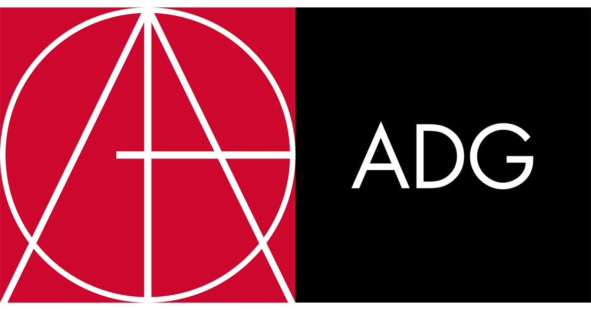 Logo with a red square containing a white circle and geometric lines, next to the black background with white text 'ADG'.
