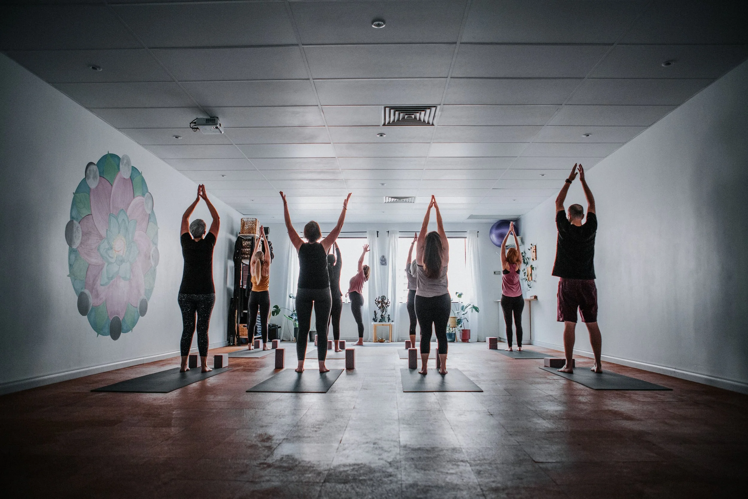 sun salutations in a light filled Perth yoga studio