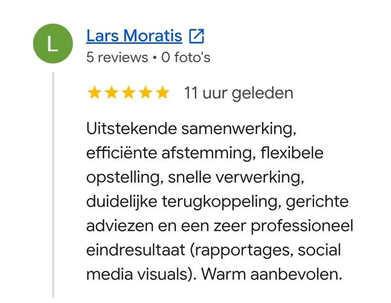 5 sterren review van prof. Lars Moratis met de tekst: "Uitstekende samenwerking, efficiënte afstemming, flexibele opstelling, snelle verwerking, duidelijke terugkoppeling, gerichte adviezen en een zeer professioneel eindresultaat. Warm aanbevolen.
