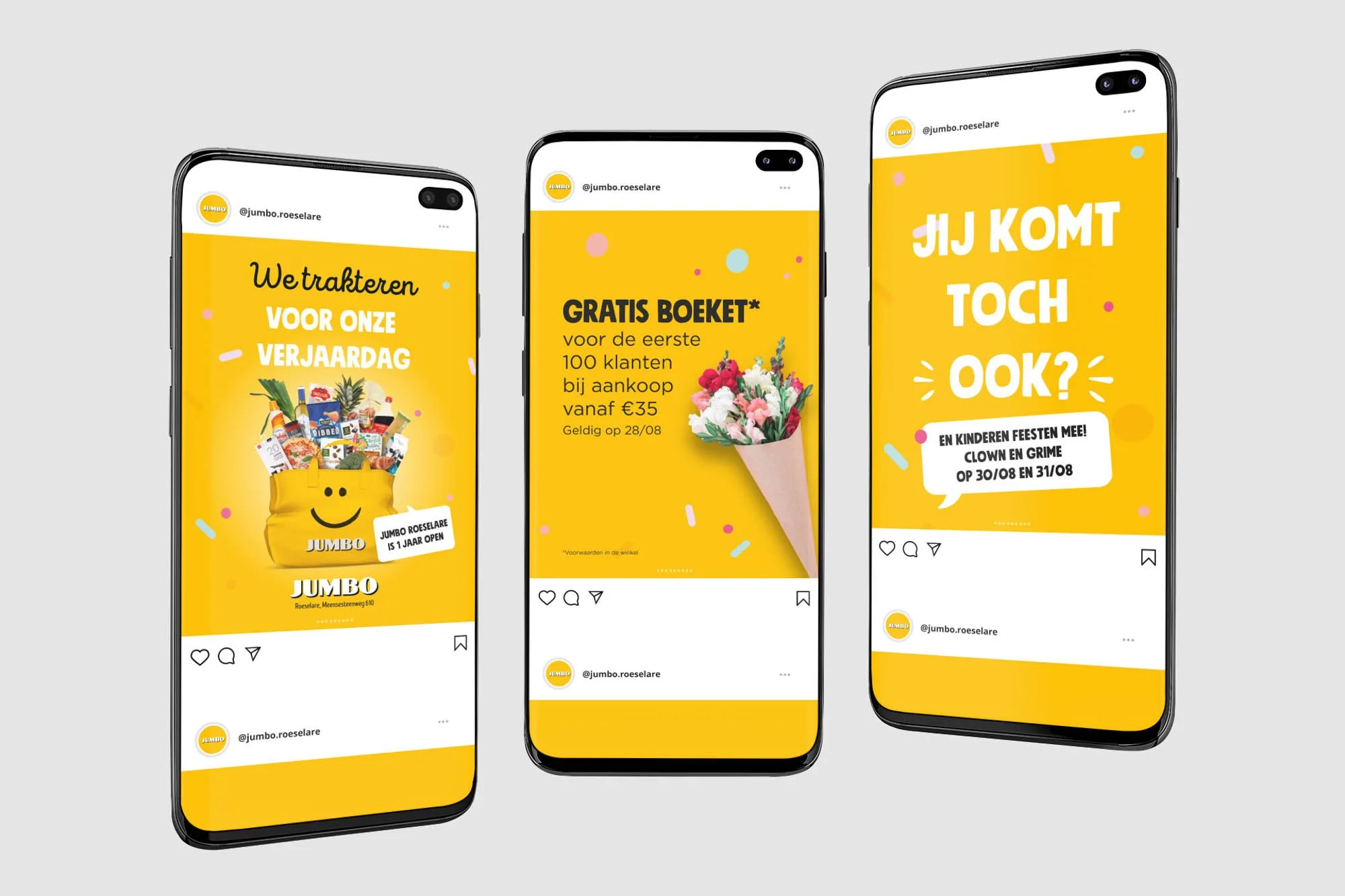 Voorbeeld grafisch ontwerp van social media posts voor Jumbo supermarkt met verjaardagsactie