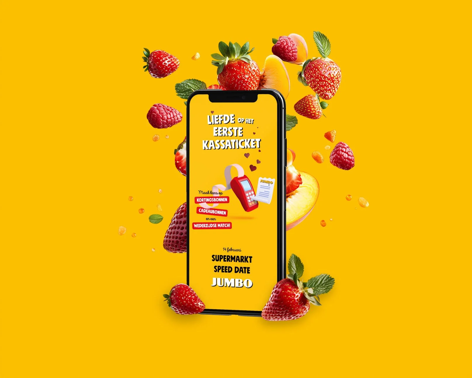 Voorbeeld van freelance grafisch ontwerp van social media post voor een Valentijnscampagne voor Jumbo supermarkten retail