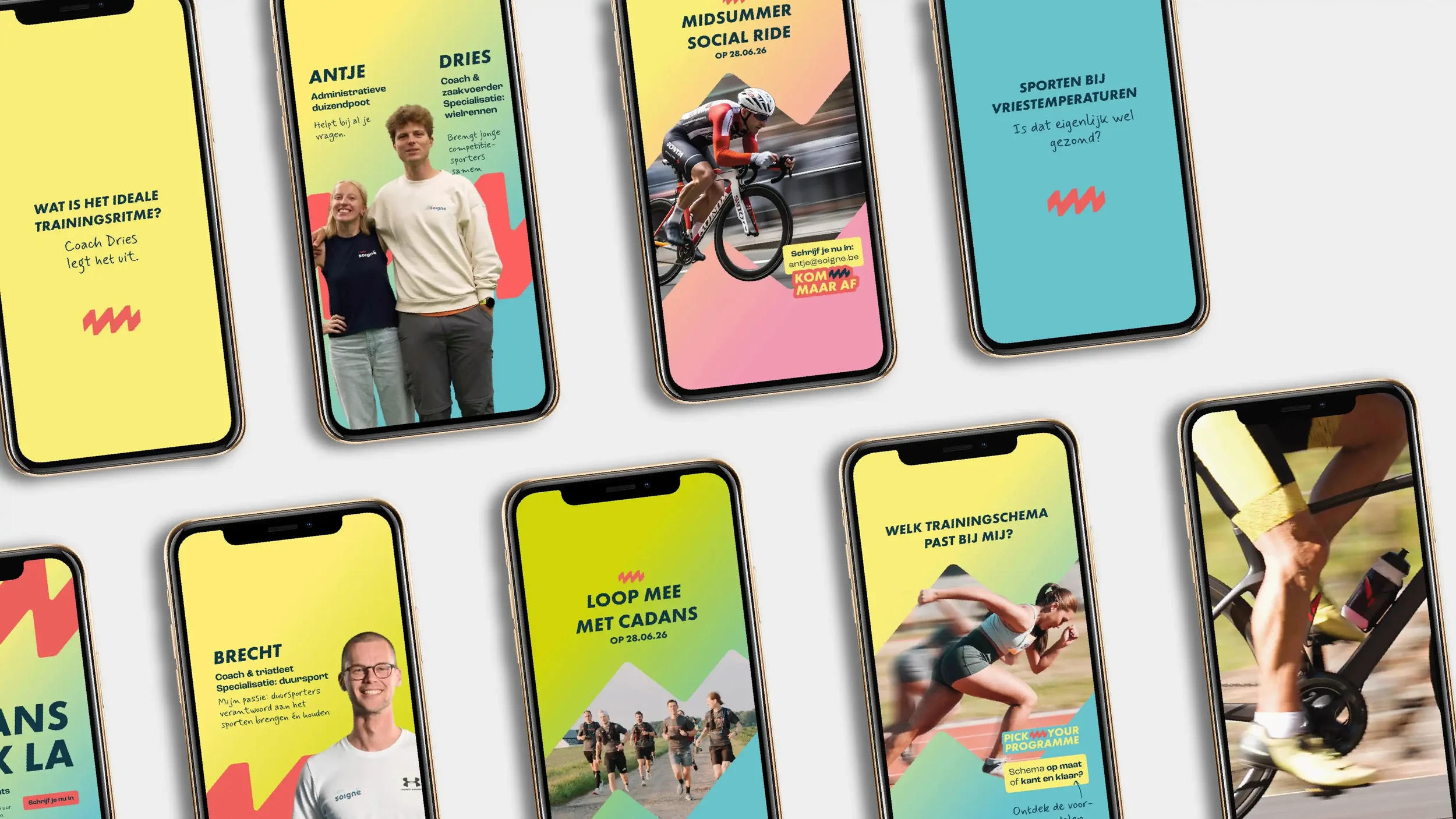 Voorbeelden van sociale media templates ontwerp voor Cadans sport coaching services voor lopers, fietsers en triatleten
