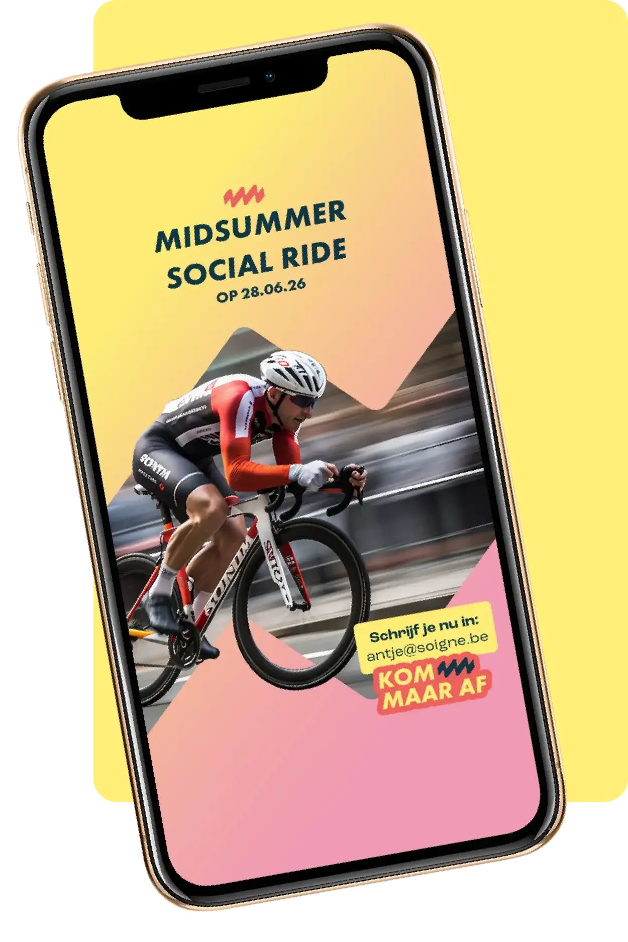 Voorbeeld sociale media template voor evenementen met een fietser, met sticker 'Kom maar af' en CTA om in te schrijven.