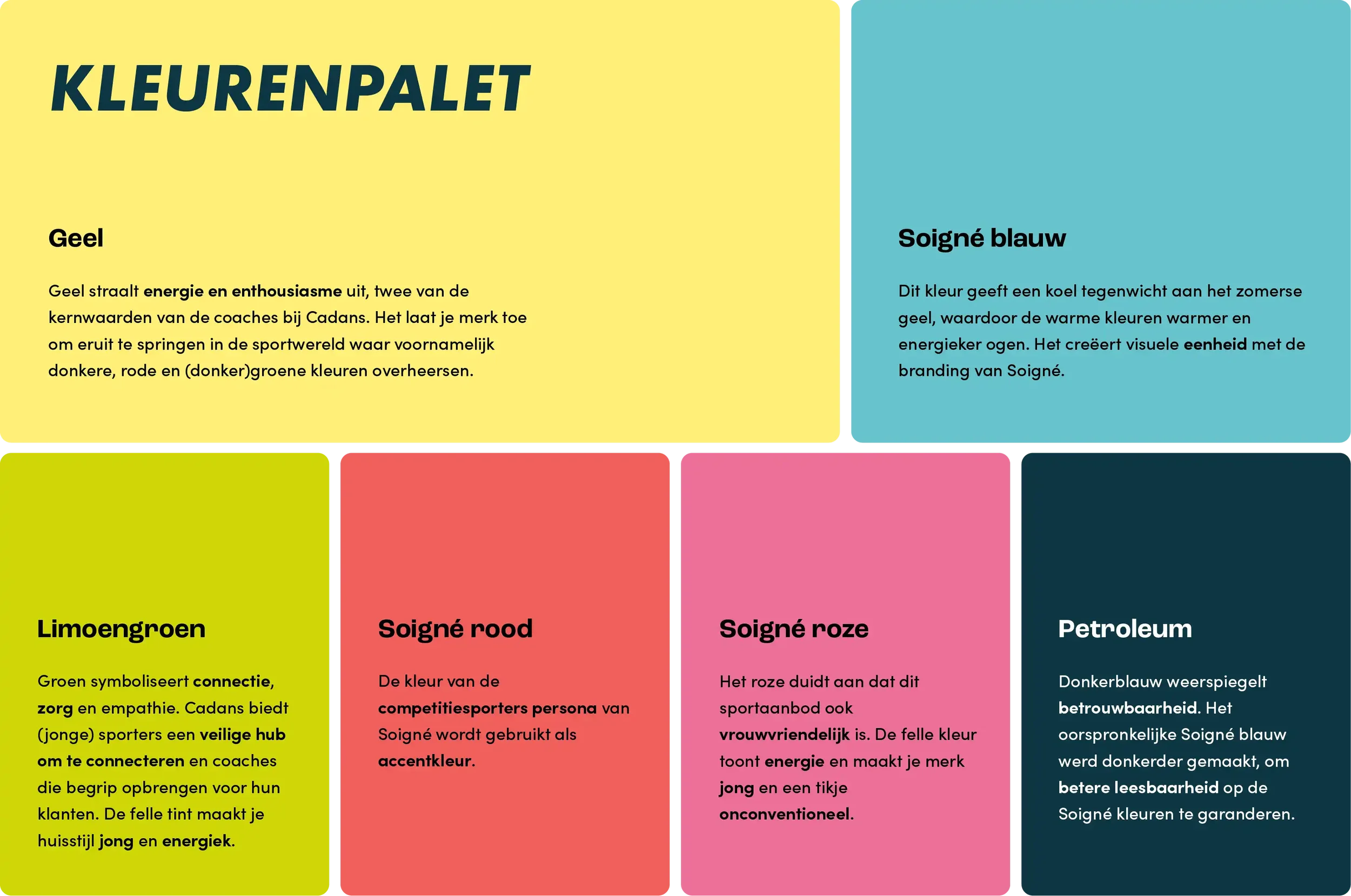 Uitleg over de kleurkeuzes voor het huisstijl ontwerp voor Cadans sport coaching services, met geel als hoofdkleur.