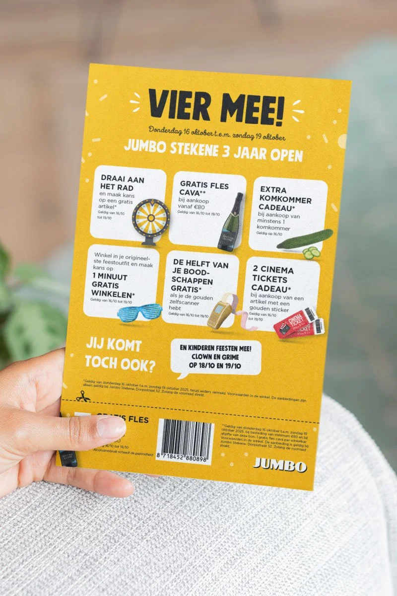 Grafisch ontwerp van een A5-flyer voor Jumbo supermarkt verjaardagsactie