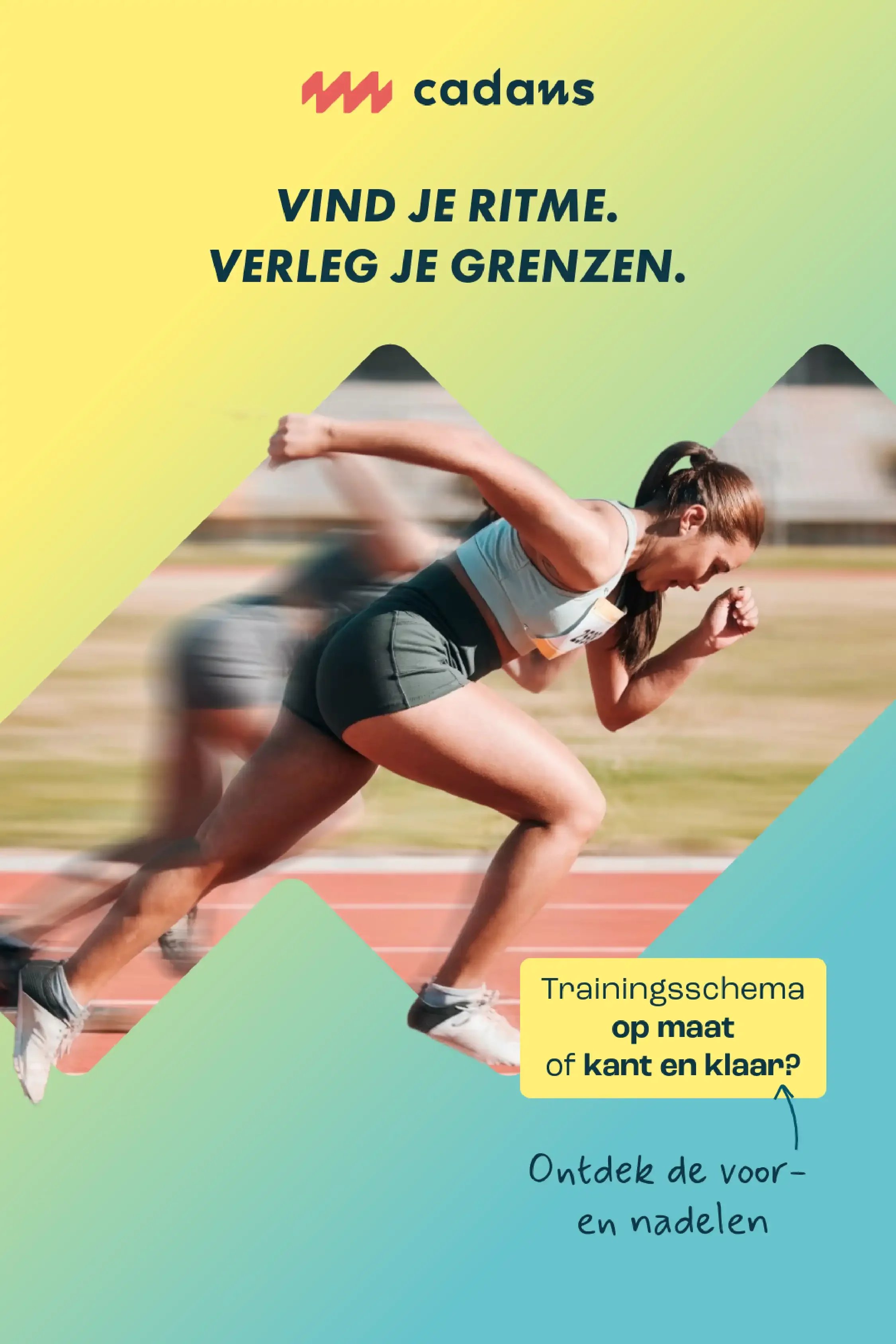 Sociale media template voor Cadans sport tests en coaching met logo ontwerp en huisstijl ontwerp. De template toont een loper in een loopwedstrijd.