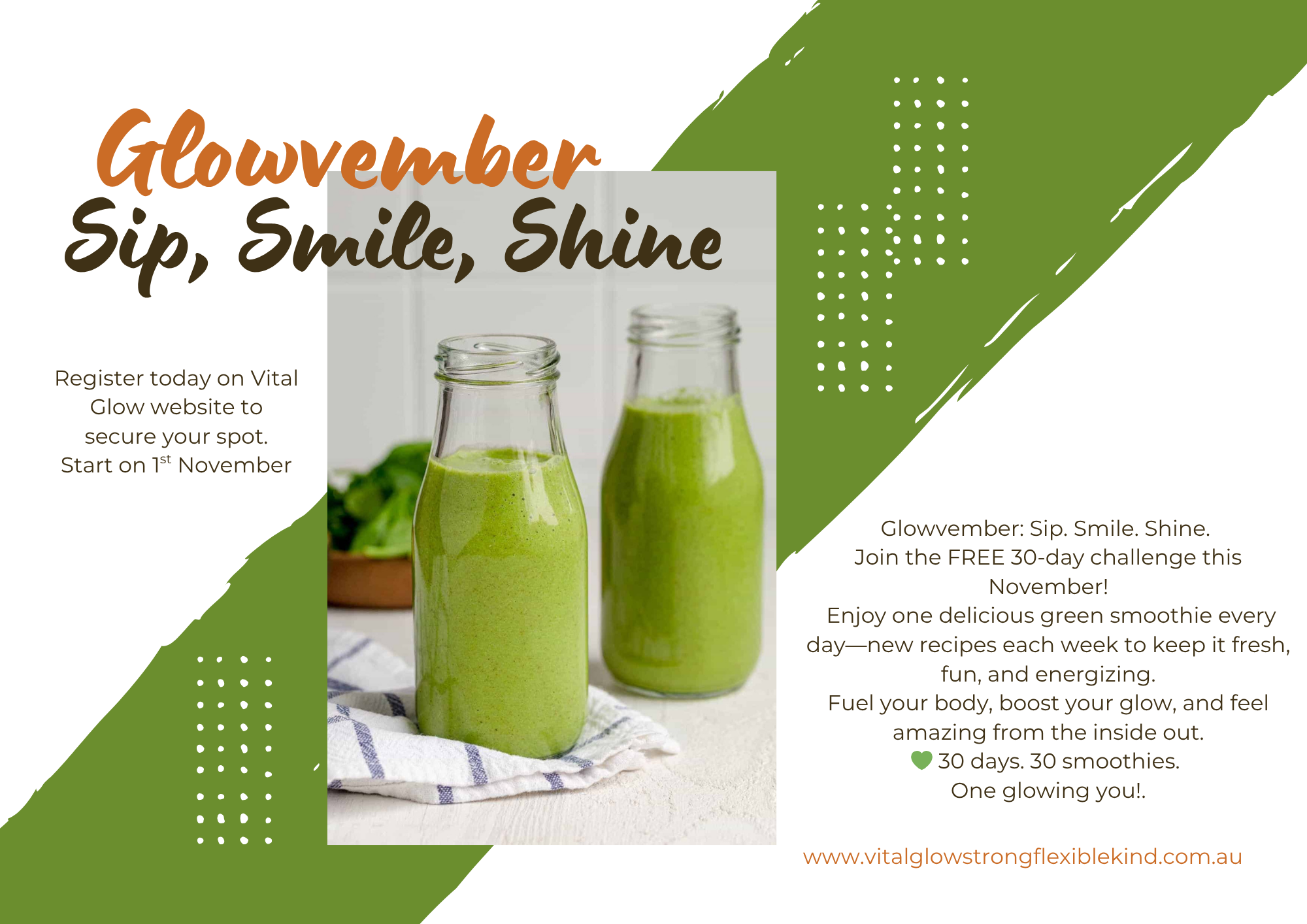Green smoothie challenge.  Drinking daily green smoothies  for Glowvember challenge. 30-day smoothie challenge in November.