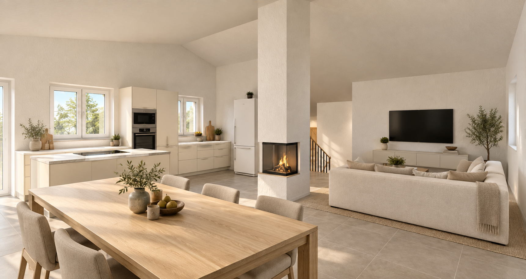 Helles Wohninterieur mit Kamin und Küche.png